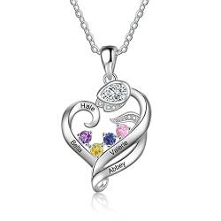 Rolaonly Damen Halskette mit Gravur Personalisierte kette mit 4 Namen Geburtsstein Rose Anhänger 925 Sterlingsilber Schmuck für Mutter und Tochter, Schwester, beste Freundin von Rolaonly