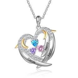 Rolaonly Damen Namenskette mit Geburtsstein Herz Halskette mit 3 Namen Gravur Sterling Silber 925 Personalisiert Schmuck Kette Für Mutter und Tochter von Rolaonly