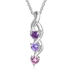 Rolaonly Damen kette mit Gravur 3 Namen 925 Sterling Silber Halskette 3 Herz Geburtsstein Anhänger Personalisierter Schmuck für Muttertag Valentinstag Weihnachten von Rolaonly