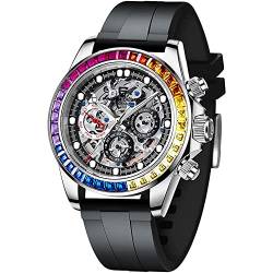 Pagani Design Herren Automatikuhr Diamant Regenbogen Automatik Mechanisch Wasserdicht Edelstahl Chronograph Skelett Herren 40mm (Klebeband roter Kreis) von RollsTimi