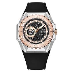 Pagani Design YS007 Herren-Armbanduhr, Automatikuhr, Japan-Uhrwerk, Edelstahl, cool, Lederarmband, 100 m, wasserdicht, Sport-Skelett-Armbanduhr, Goldfarben / Schwarz von RollsTimi