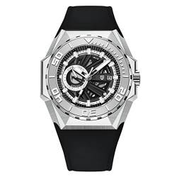 Pagani Design YS007 Herren-Armbanduhr, Automatikuhr, Japan-Uhrwerk, Edelstahl, cool, Lederarmband, 100 m, wasserdicht, Sport-Skelett-Armbanduhr, silber, schwarz von RollsTimi