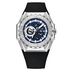 Pagani Design YS007 Herren-Automatikuhren, japanisches Uhrwerk, Stianless Stahl, cooler Look, Lederband, 100 m wasserdicht, Sport-Skelett-Uhr, silber, blau, Gurt von RollsTimi