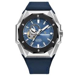 Pagani Design YS010 Herren-Automatikuhr, NH39, selbstaufziehendes Uhrwerk, Lederband, wasserdicht, stilvolles und einzigartiges Gehäuse, Skelett-Gesicht, schwarzblau, Klassisch von RollsTimi