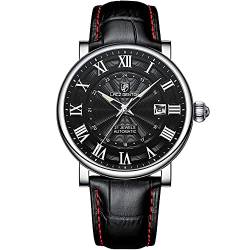 RollsTimi Lacz Denton Herren-Automatikuhr, legerer Stil, japanisches Uhrwerk, Lederband, wasserdicht, selbstaufziehend, Armbanduhr, silber, schwarz, Riemen von RollsTimi