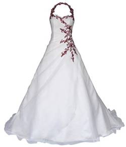 Romantic-Fashion Brautkleid Hochzeitskleid Neckholder Weiß Modell W021 A-Linie Satin Perlen Pailletten bordeauxrote Stickerei DE Größe 42 von Romantic-Fashion