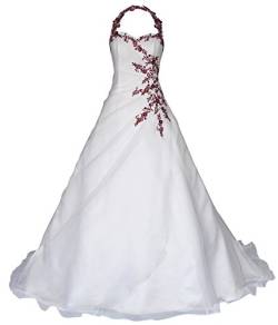 Romantic-Fashion Brautkleid Hochzeitskleid Neckholder Weiß Modell W021 A-Linie Satin Perlen Pailletten bordeauxrote Stickerei DE Größe 50 von Romantic-Fashion