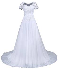 Romantic-Fashion Brautkleid Hochzeitskleid Weiß Modell W043 A-Linie Kurzarm Satin Perlen Pailetten DE Größe 44 von Romantic-Fashion