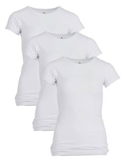 Romesa Damen T-Shirt 3er Pack Klassisch Basic Rundhals Schmale Passform Lang Weiß Schwarz M-2XL, Farbe:weiß, Größe:XL von Romesa