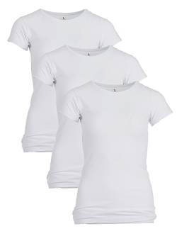 Romesa Damen T-Shirt 3er Pack Klassisch Basic Rundhals Schmale Passform Lang Weiß Schwarz M-2XL, Farbe:weiß, Größe:XXL von Romesa