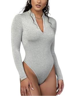 Rongseng Body Damen Langarm Elegant Bodysuit Tops Sexy Langarm Bodys mit Reißverschluss Schmal Damenbody Unterziehbody Stretch Langarmbody Long Sleeve Oberteil Langarmshirt für Frauen von Rongseng