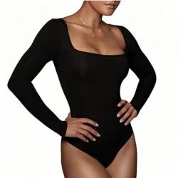 Rongseng Body Damen Langarm Elegant Bodysuit Tops Sexy Quadratischer Ausschnitt Langarm Bodys Schmal Damenbody Unterziehbody Stretch Langarmbody Long Sleeve Oberteil Langarmshirt für Frauen von Rongseng