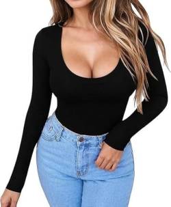 Rongseng Body Damen Langarm Elegant Bodysuit Tops Sexy Rundhalsausschnitt Langarm Bodys Schmal Damenbody Unterziehbody Stringbody Stretch Langarmbody Langarmshirt Long Sleeve Oberteil für Frauen von Rongseng