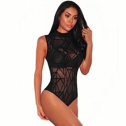 Rongseng Body Damen Sexy Printed Sheer Mesh Bodysuit Mock Neck Ärmellos Slim Bodys Transparenter Oberteil Stretchy Netz Jumpsuit Elegant Blusebody Mode Tank Top Trikot Clubwear von Rongseng