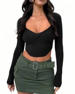 Rongseng Crop Tops Damen Langarm Strick Crop T-Shirt Sexy Bauchfrei Oberteile Sweetheart Kragen Slim Fit Langarmshirt Y2K Cropped Top Einfarbig Geripptes Pullover Elegant Modisches Streetwear von Rongseng