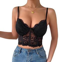 Rongseng Crop Tops Damen Sexy Spitze Bauchfrei Camilose Top Spaghettiträger Cropped Oberteil V-Ausschnitt Spitzentop Bralettes Untertops Sommer Cami Tank Top von Rongseng