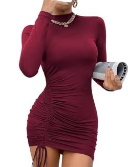 Rongseng Damen Figurbetontes Kleid Stehkragen Bodycon Minikleid Langarm Herbstkleid Sexy Partykleid mit Schnürzug Figurbetontes Stretch Freizeitkleid mit Kordelzug Mode Eng Kleider von Rongseng