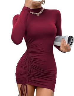 Rongseng Damen Figurbetontes Kleid Stehkragen Bodycon Minikleid Langarm Herbstkleid Sexy Partykleid mit Schnürzug Figurbetontes Stretch Freizeitkleid mit Kordelzug Mode Eng Kleider von Rongseng