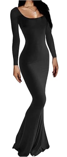 Rongseng Damen Langarm Maxikleid Figurbetontes Sexy Bodycon Kleid Eng Lang Stretch Weiche Freizeitkleid Fischschwanzkleider Elegant Einfarbig Abendkleid Partykleid Winterkleid Cocktail Kleider von Rongseng