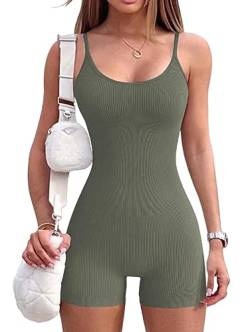 Rongseng Jumpsuit Damen Kurz Eng Sexy Ärmellose Yoga Romper Spaghetti Strap Bodycon Jumpsuits Sommer Tank Top Einteiler Overall One Piece Bodysuit Stretch Fitness Workout Sport Romper Outfits von Rongseng