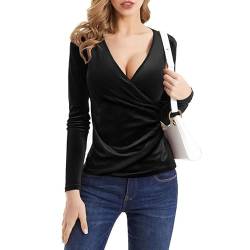 Rongseng Langarmshirt Damen Sexy Tiefer V-Ausschnitt Velvet Samtshirt Langarm Oberteile Wickel Samt T-Shirt Bluse Elegant Pullover Slim Fit Tunika Tops für Party Club Alltag Festlich von Rongseng