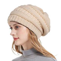 Roniky Winter Knit Beanie Hüte für Frauen, Seide Satin gefüttert Chunky Cap Soft Stretch Cable Knit Warm Slouchy Beanie Hat, Beige, Einheitsgröße von Roniky