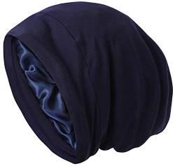 Satin-Haube, Schlafkappe, Haarabdeckung, Haube, mit Satin gefüttert, Slouchy Beanie, Seide gefüttert, Nachtschlafmütze für kuscheliges Haar, Marineblau, Einheitsgröße von Roniky