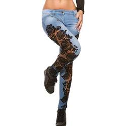 Ronony Jeans Mädchen Mit Löchern Out Spitze Hosen Hohle Anwendungen Mode Jeans dünne Blumen Frauen Bleistift Denim Damenjeans Jeanshosen Für Damen von Ronony