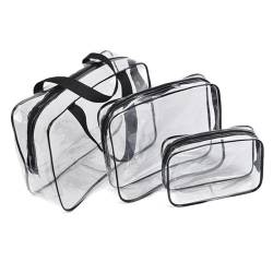 Ronoza 3 Stück Kulturbeutel Transparent, PVC Tasche Make-up Kosmetikbeutel, Wasserdicht Flugzeug Kulturtasche Reisebeutel Waschtasche für Damen Herren,Familie (Schwarz) von Ronoza