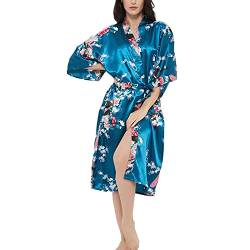 Damen-Kimono, Satin, Rosen-Druck, Premium-Pfau, Brautjungfer, Braut, Morgenmantel, Nachtwäsche, Nachtwäsche, Pfauenblume, Pfauenblau, 3XL von Roobees