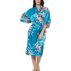 Damen-Kimono, Satin, Rosen-Druck, Premium-Pfau, Brautjungfer, Braut, Morgenmantel, Nachtwäsche, Nachtwäsche, Pfauenblumen, Seeblau, 3XL von Roobees