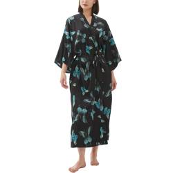 Damen Premium Lange Kimono Pfau Robe Brautjungfer Braut Hochzeit Party Morgenmantel Pyjama Nachtwäsche, Schwarz mit blauen Schmetterlingen, Einheitsgröße Große Größen Tall von Roobees