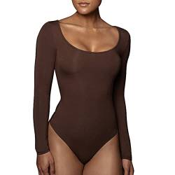 RoomTour Body Damen Elegant Langarm Bodys for damen Bodysuit Tops for damen Stringbody 1-Braun XL von RoomTour