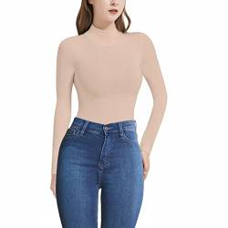 RoomTour Body Damen Elegant Langarm Bodys für damen Bodysuit Tops for damen Hochgeschlossen Elegant Bodysuit 1-Nude M von RoomTour