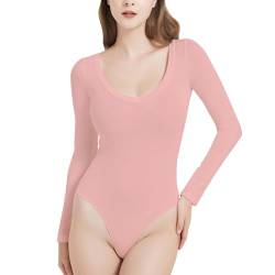 RoomTour Body Damen Elegant Langarm Bodysuit Tops Damenbody for damen Stringbody 1-Rosa XL von RoomTour