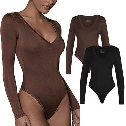 RoomTour Body Damen Elegant Langarm Bodysuit Tops Damenbody for damen Stringbody V-Ausschnitt 2er Pack 3-Schwarz/Braun M von RoomTour