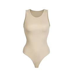 RoomTour Body Damen Elegant Stringbody for Damen Rundhalsausschnitt Bodysuits Top Beige M von RoomTour