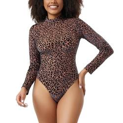RoomTour Body Damen Mock-Ausschnitt Langarm Bodysuit Shapewear Tanga Leopard Muster Jumpsuit Tops 3-Braun S von RoomTour