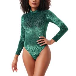 RoomTour Body Damen Mock-Ausschnitt Langarm Bodysuit Shapewear Tanga Leopard Muster Jumpsuit Tops 3-Grün XS von RoomTour