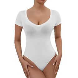 RoomTour Body Damen Sheer Mesh Body V Kragen Stringbody Damen Bodysuits Durchsichtig Weiß L von RoomTour