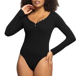 RoomTour Body Damen V-Ausschnitt Langarm Bodysuits Für Damen mit Knopf Elegant Bodys 2-Schwarz L von RoomTour