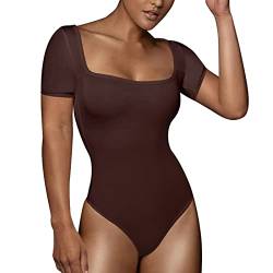 RoomTour Bodysuit Tops Elegant Kurz Body Damen Damenbody for damen Stringbody Quadratischer Kragen Braun L von RoomTour