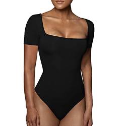 RoomTour Bodysuit Tops Elegant Kurz Body Damen Damenbody for damen Stringbody Quadratischer Kragen Schwarz XXL von RoomTour