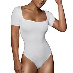RoomTour Bodysuit Tops Elegant Kurz Body Damen Damenbody for damen Stringbody Quadratischer Kragen Weiß L von RoomTour
