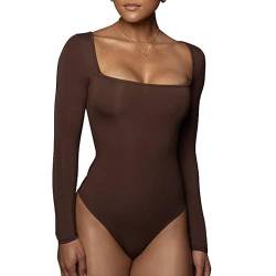 RoomTour Bodysuit Tops Elegant Langarm Body Damen Damenbody for damen Stringbody 1-Braun XL von RoomTour