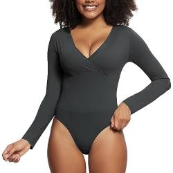 RoomTour Damen Body Bodysuit Elegant Tiefer V-Ausschnitt langarm Body Slim Top 2-Grau L von RoomTour