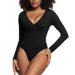 RoomTour Damen Body Bodysuit Elegant Tiefer V-Ausschnitt langarm Body Slim Top 2-Schwarz S von RoomTour