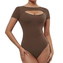 RoomTour Damen Body Kurzarm Bodysuits Elegant Stringbody Damen Rundhalsausschnitt Braun M von RoomTour