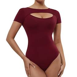 RoomTour Damen Body Kurzarm Bodysuits Elegant Stringbody Damen Rundhalsausschnitt Wein Rot M von RoomTour