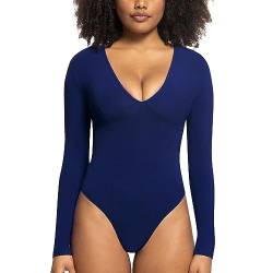 RoomTour Damen Bodys Elegant Body Tiefer V-Ausschnitt Langarm Bodysuits Basic Jumpsuit 2-Blau XL von RoomTour